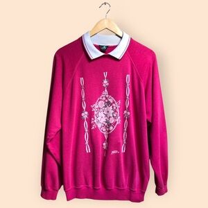 Vintage 80s 90s Cabin Creek Morning Sun Pink Floral Collared Sweatshirt Women XL